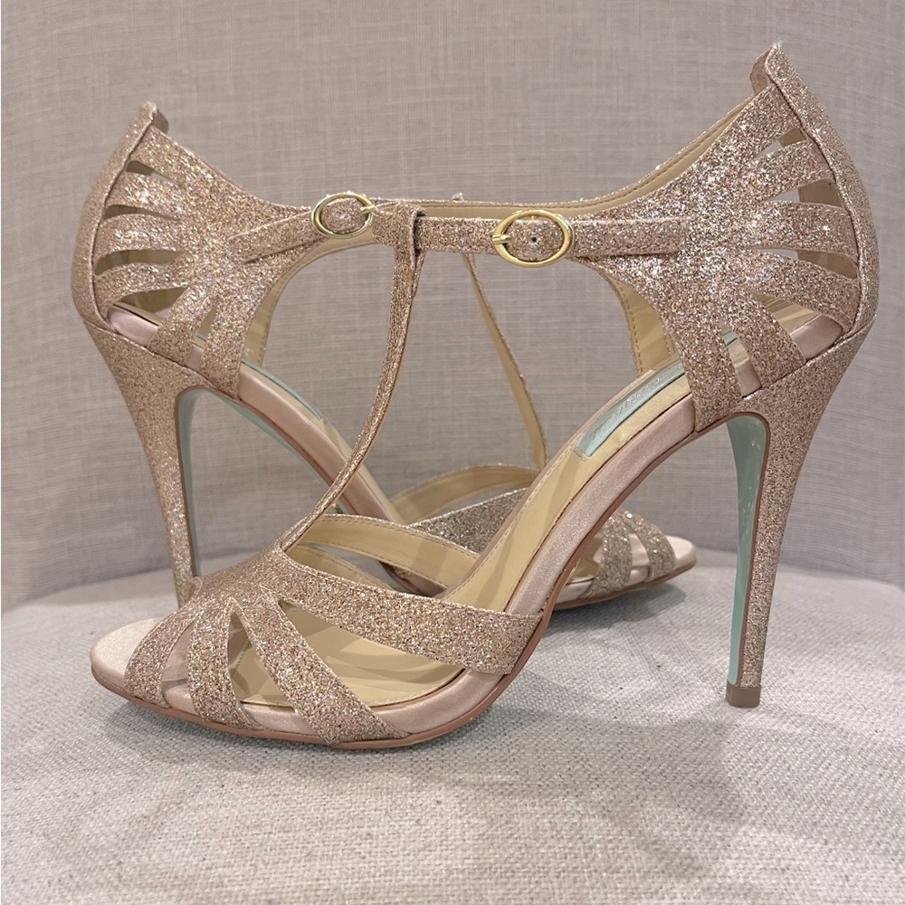 Betsey Johnson gold glitter high heels in style similar to Jimmy Choo Ivette.